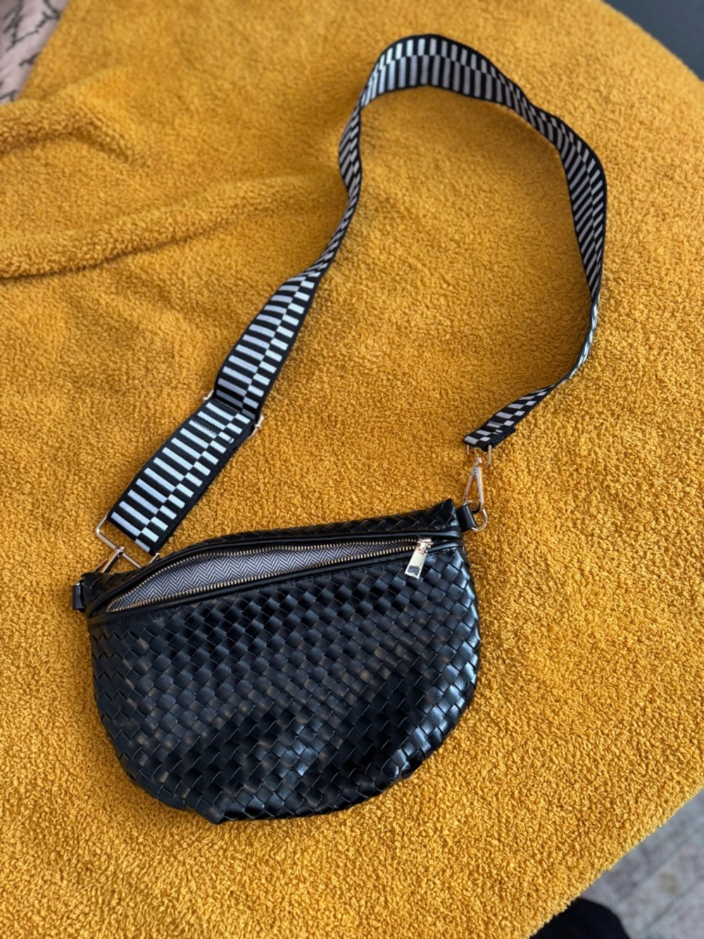 Black Woven Crossbody Bag with Striped Strap
